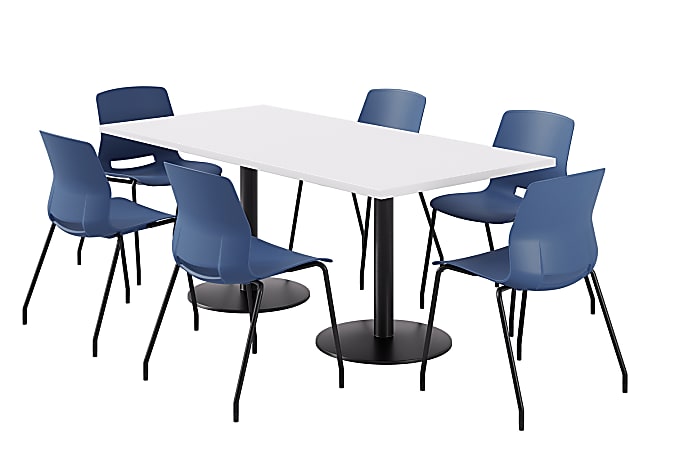 KFI Studios Proof Rectangle Pedestal Table With Imme Chairs, 31-3/4”H x 72”W x 36”D, Designer White Top/Black Base/Navy Chairs