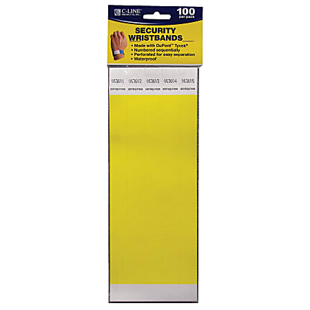 C-Line® DuPont™ Tyvek® Security Wristbands, 3/4" x 10", Yellow, 100 Wristbands Per Pack, Set Of 2 Packs