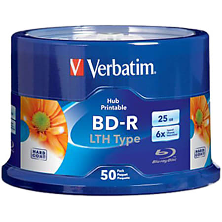 Verbatim BD-R LTH Type 25GB 6X White Inkjet Printable, Hub Printable - 50pk Spindle - 50pk Spindle