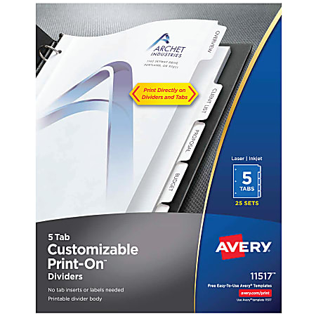 Avery® Customizable Print-On™ Dividers, 8 1/2" x 11", 5 Tabs, White, Pack Of 25 Sets