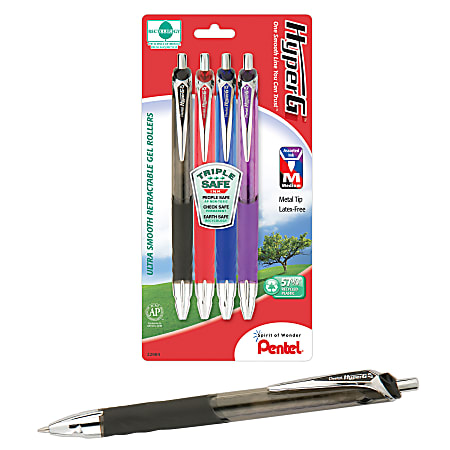 Pentel® HyperG™ Retractable Gel Roller Pens, Medium Point, 0.7 mm, 57% Recycled, Assorted Barrels, Assorted Ink Colors, Pack Of 4