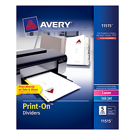 Avery® Customizable Print-On™ Dividers, 8 1/2" x 11", 5 Tabs, Pack Of 5 Sets
