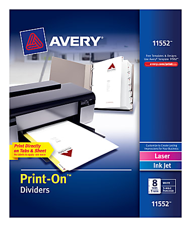 Avery® Customizable Print-On™ Dividers, 8 1/2" x 11", 8 Tab, White, Pack Of 5 Sets