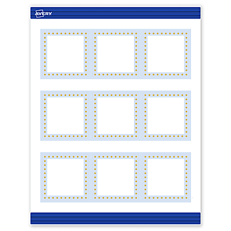 Avery® Print-To-The-Edge Cards With Sure Feed®, S00-DMK-PRMWC10, 2-1/2" x 2-1/2", Matte White, Preprinted Blue Border/Gold Dots Design, Pack Of 90