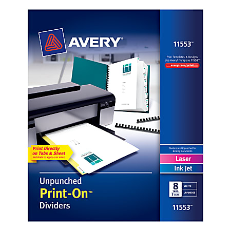 Avery® Print-On™ Dividers, 8 1/2" x 11", Unpunched, 8-Tab, White Dividers/White Tabs, Pack Of 5 Sets