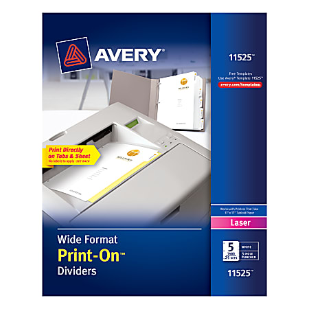 Avery® Print-On™ Dividers, 8 1/2" x 11", Wide Format Printer, 3-Hole Punched, 5-Tab, White Dividers/White Tabs, Pack Of 25 Sets