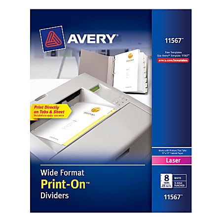 Avery® Print-On™ Dividers, 8 1/2" x 11", Wide Format Printer, 3-Hole Punched, 8-Tab, White Dividers/White Tabs, Pack Of 25 Sets