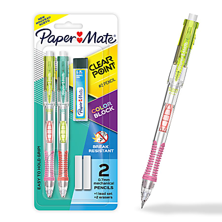 Paper Mate Clearpoint Mechanical Pencil, Color Block Edition, HB #2 Lead (0.7mm), Eraser/Refills, 5 Piece Set, 2221452
