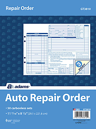 Adams® Garage Repair Order Form Books, 3-Part, 8-1/2" x 11-7/16", 150 Pages, Blue, Pack Of 50 Books