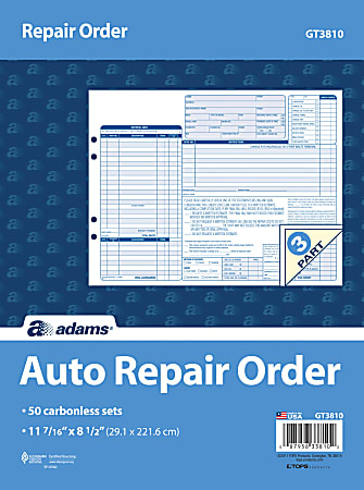 Adams® Garage Repair Order Form Books, 3-Part, 8-1/2"