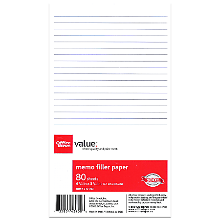 Office Depot® Brand 6-Hole Memo Book Filler Paper, 6 3/4" x 3 3/4", Pack Of 80 Sheets