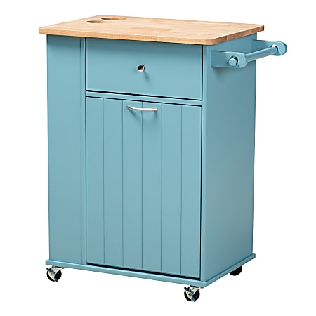 Baxton Studio Liona Sky Kitchen Storage Cart, 34-3/8"H x 17-3/4"W, Blue/Natural