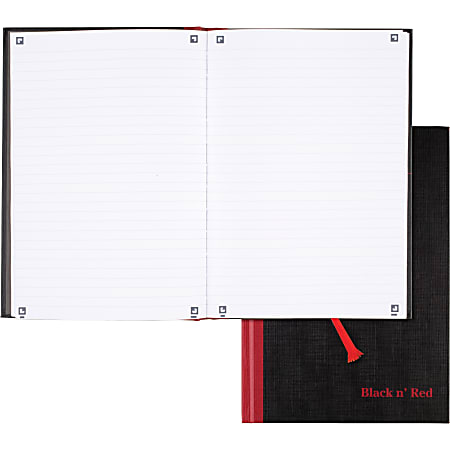 Black n' Red Casebound Business Notebook - 96 Sheets - Case Bound - Ruled9.9"7" - Black/Red Cover - Bleed Resistant, Ink Resistant, Smooth, Hard Cover, Ribbon Marker - 1Each