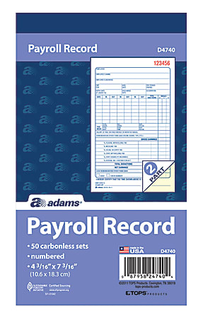 Adams® 2-Part Carbonless Payroll Record Sets Book, 4 3/16" x 7 3/16", White/Canary, Pack Of 50 Sets
