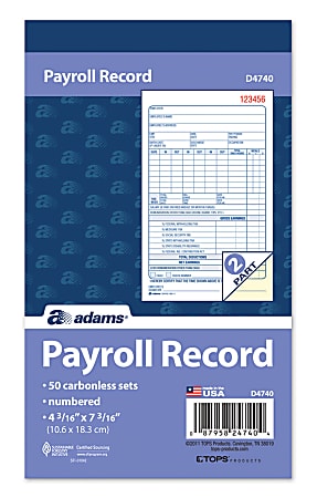 Adams® 2-Part Carbonless Payroll Record Sets Book, 4 3/16" x 7 3/16", White/Canary, Pack Of 50 Sets