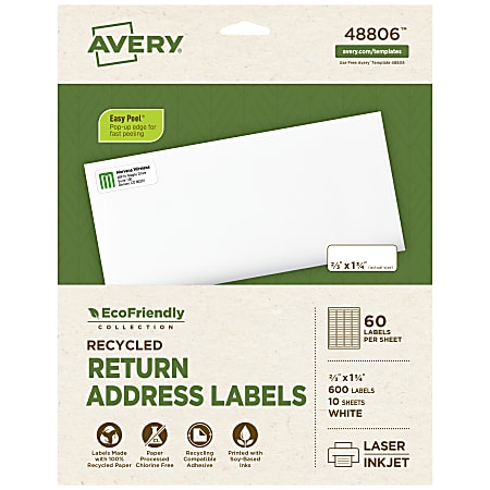 Avery® EcoFriendly Recycled Labels, Rectangle, 2/3" x 1-3/4", Matte White, Pack Of 600
