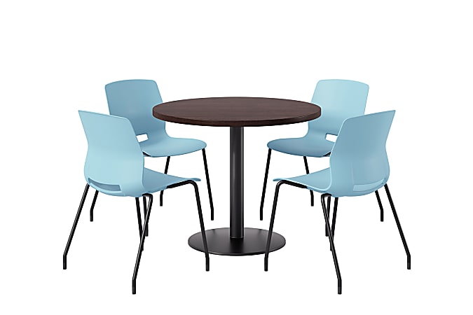 KFI Studios Midtown Pedestal Round  Table Set With Armless Chairs, 31-3/4”H x 22”W x 19-3/4”D, Cafelle Top/Black Base/Sky Blue Chairs, 840031938954