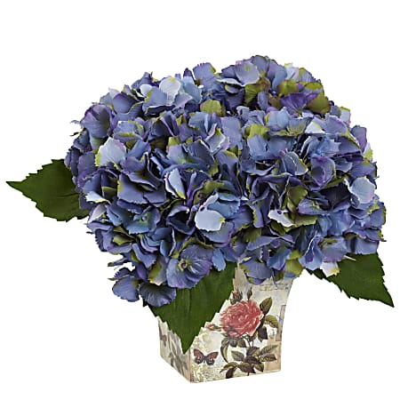 Nearly Natural Hydrangea Silk 9”H Plastic Floral Arrangement With Planter, 9”H x 11”W x 11”D, Blue