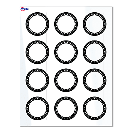 Avery® Print-To-The-Edge Labels & Sure Feed®, S00-D26-PRWGP10, 2" Round, Glossy White, Preprinted Black & White Polka Dots Design, Pack Of 120