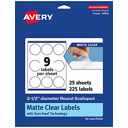 Avery® Permanent Labels With Sure Feed®, 94516-CMF25, Round Scalloped, 2-1/2", Matte Clear, Pack Of 225