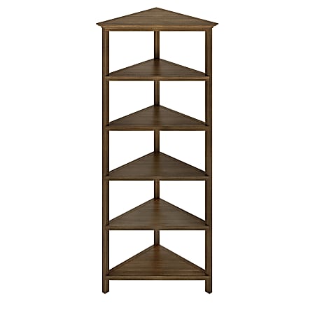 New Ridge Home Goods 75"H 6-Shelf Corner Bookcase, Walnut