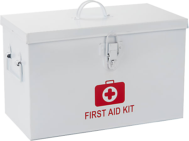 Mind Reader Metal First Aid Box Emergency Kit Medical Supply Organizer, 8-1/4"H x 7"W x 13-1/4"D, White
