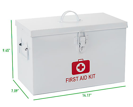 Mind Reader Metal First Aid Box Emergency Kit Medical Supply Organizer 8 14  H x 7 W x 13 14 D White - Office Depot