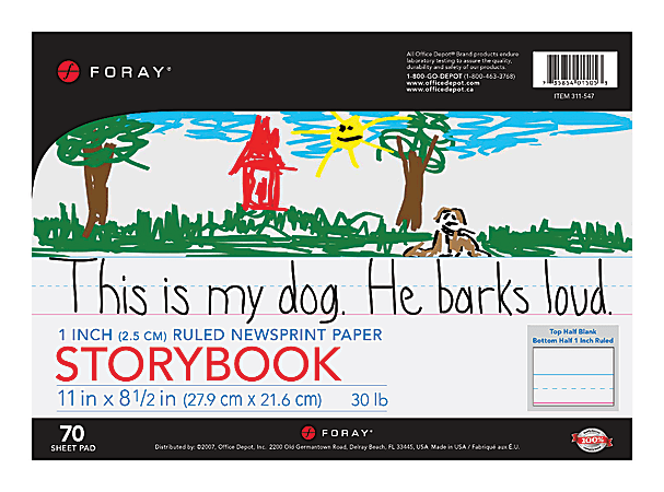 FORAY® Newsprint Writing Tablet — Grades 1–3, Storybook, 1" Rule, 1/2" Mid Line, 1/2" Skip Space, 11" x 8 1/2", Pad Of 70 Sheets