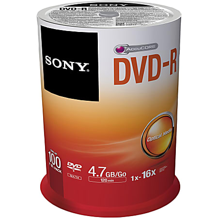 Sony DVD Recordable Media - DVD-R - 16x - 4.70 GB - 100 Pack Spindle - 120mm - 2 Hour Maximum Recording Time