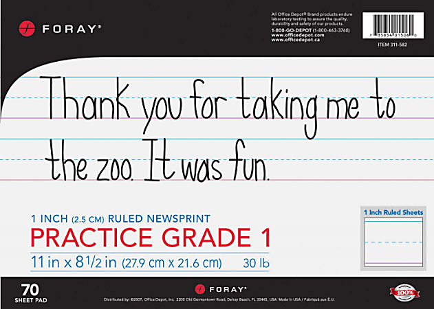 FORAY® Newsprint Writing Tablet — Grade 1, 1" Rule, 1/2" Mid Line, 1/2" Skip Space, 11" x 8 1/2", Pad Of 70 Sheets
