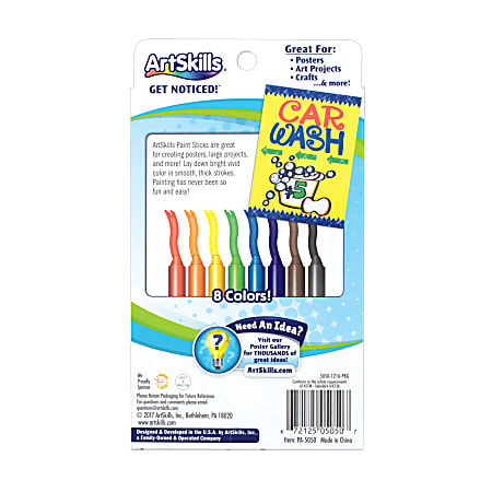 ArtSkills Paint Sticks for Kids, Solid Tempera Paint Sticks with Caps,  Quick Drying Washable Paint for Toddler Art Supplies, 8 pc