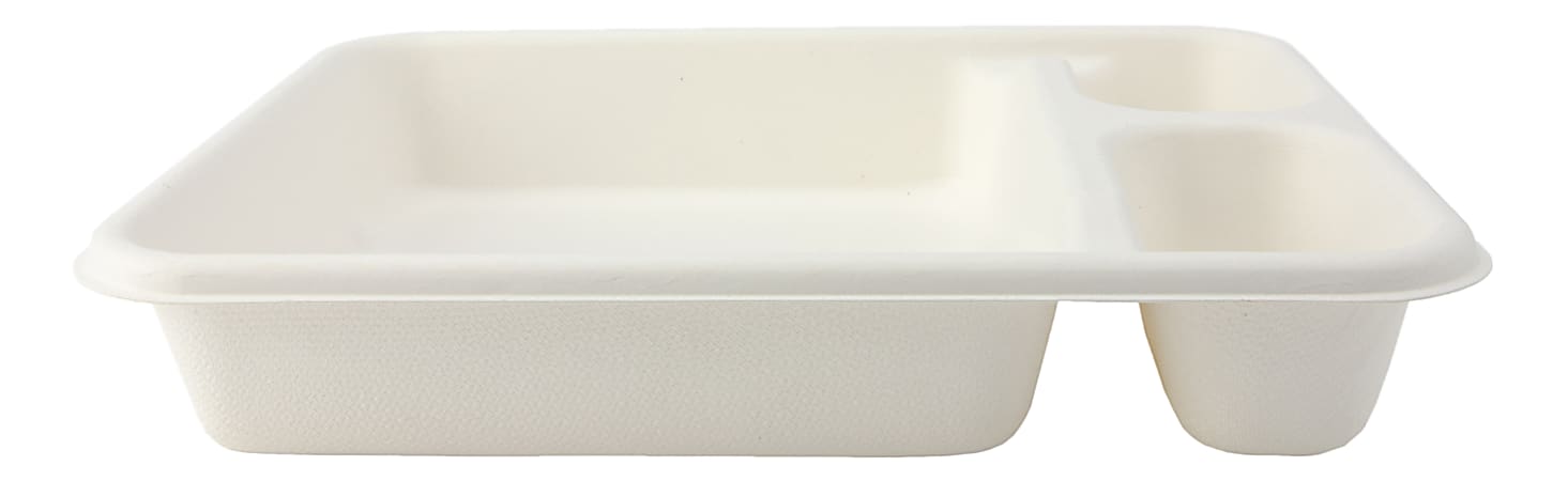 StalkMarket® Compostable Food Trays, 3-Compartment, 8.75" x 7.17" x 1.5", White, Pack of 400 Trays