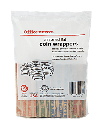 PAP-R Office Depot Brand Flat Tubular Coin Wrappers, Assorted, Pack Of 150 Wrappers
