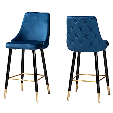 Baxton Studio Giada Velvet Bar Stools With Backs, Navy Blue/Dark Brown, Set Of 2 Stools