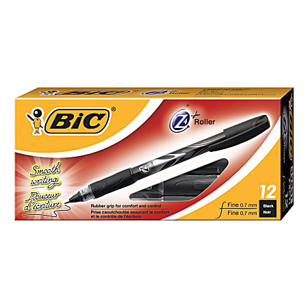 BIC® Z4™+ Liquid Ink Rollerball Pens, Fine Point, 0.7 mm, Silver Barrel, Black Ink, Pack Of 12
