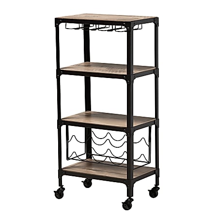 Baxton Studio Swanson Antique Mobile Kitchen Bar Wine Cart, 39”H x 18”W x 12”D, Black/Oak