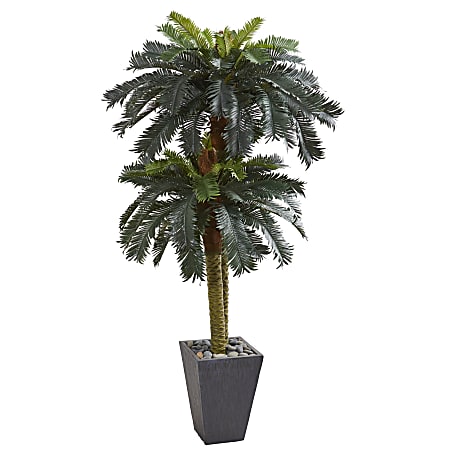 Nearly Natural Double Sago Palm 72”H Artificial Tree With Planter, 72”H x 34”W x 34”D, Green