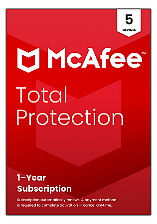 McAfee® Total Protection Antivirus & Internet Security Software, For 5 Devices, 1-Year Subscription with Auto-Renewal, For Windows, macOS, iOS, Android, ChromeOS, Product Key, MTP41EOD5RAAM