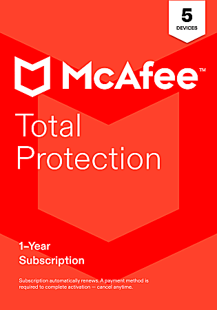 McAfee&reg; Total Protection Antivirus &amp; Internet Security Software, 5 Devices, 1-Year Subscription, Product Key, MTP41EOD5RAAM