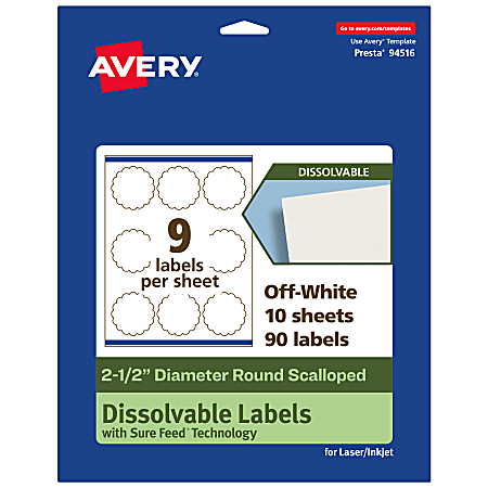 Avery&reg; Print-to-the-Edge Dissolvable Labels With Sure Feed&reg; Technology, 94516-DWMP10, Round Scalloped, 2-1/2", Matte Off-White, Pack Of 90