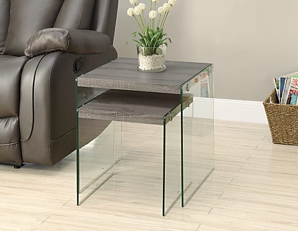 Monarch Specialties 2-Piece Nesting Table Set With Glass Base, Square, Dark Taupe