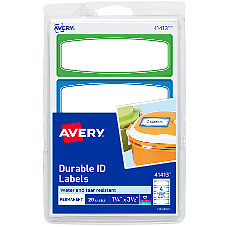 Avery® Durable Water-Resistant Labels, 41413, Rectangle, 1-1/4" x 3-1/2", White With Assorted Border Colors (Blue, Green), Pack Of 20