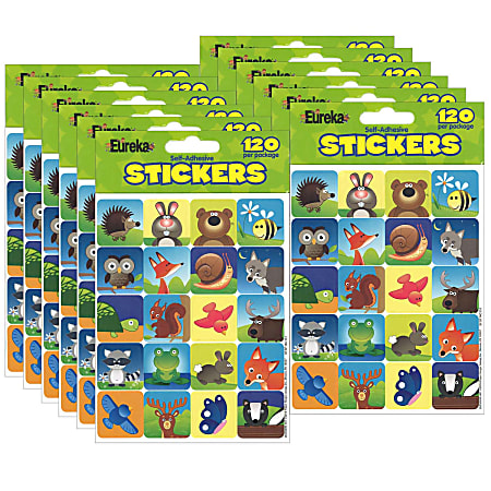 Eureka Theme Stickers, Woodland Creatures, 120 Stickers Per Pack, Set Of 12 Packs