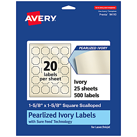 Avery® Pearlized Permanent Labels With Sure Feed®, 94110-PIP25, Square Scalloped, 1-5/8" x 1-5/8", Ivory, Pack Of 500 Labels