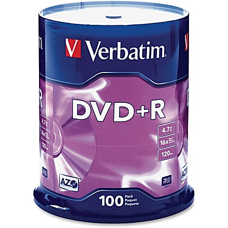 Verbatim® AZO DVD+R Recordable Media With Branded Surface, 4.7GB/120 Minutes/16x Speed, Spindle Of 100