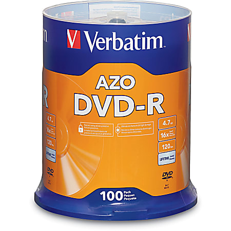 Verbatim® DVD-R Recordable Media Spindle, 4.7GB/120 Minutes, Pack Of 100