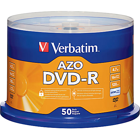 Verbatim® DVD-R Recordable Media, With Spindle, 4.7GB/120 Minutes, Pack Of 50