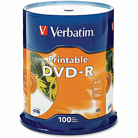 Verbatim® Inkjet Printable DVD-R Spindle, White, Pack Of 100