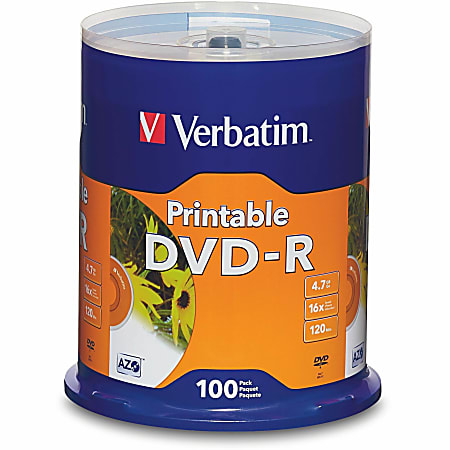 Verbatim® Inkjet Printable DVD-R Spindle, White, Pack Of 100