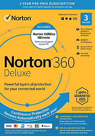 Norton 360™ Deluxe Security Software, 3 Devices, 12 Months, Product Key
